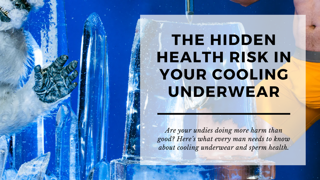 Banner image showing a man wearing yellow cooling underwear frozen in a block of ice, with the headline ‘The Hidden Health Risk in Your Cooling Underwear’ and a subheader about sperm health and fertility.