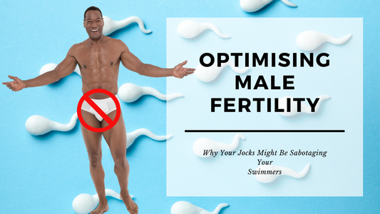Man with a red crossed-out jockstrap symbol surrounded by sperm illustrations on a blue background, promoting Cool Beans Underwear and the blog topic 'Optimising Male Fertility – Why Your Jocks Might Be Sabotaging Your Swimmers'