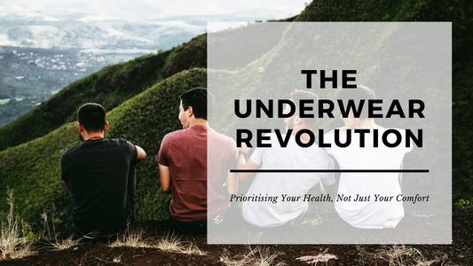 Group of young men sitting on a mountain ridge with text overlay reading ‘The Underwear Revolution – Prioritising Your Health, Not Just Your Comfort,’ highlighting a shift toward health-focused men’s underwear and male fertility awareness.