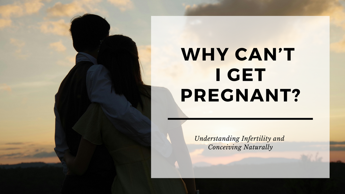Silhouetted couple embracing at sunset with text overlay reading 'Why Can’t I Get Pregnant? – Understanding Infertility and Conceiving Naturally,' representing emotional struggles with fertility and the search for natural conception solutions.