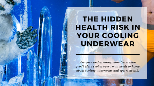 Banner image showing a man wearing yellow cooling underwear frozen in a block of ice, with the headline ‘The Hidden Health Risk in Your Cooling Underwear’ and a subheader about sperm health and fertility.